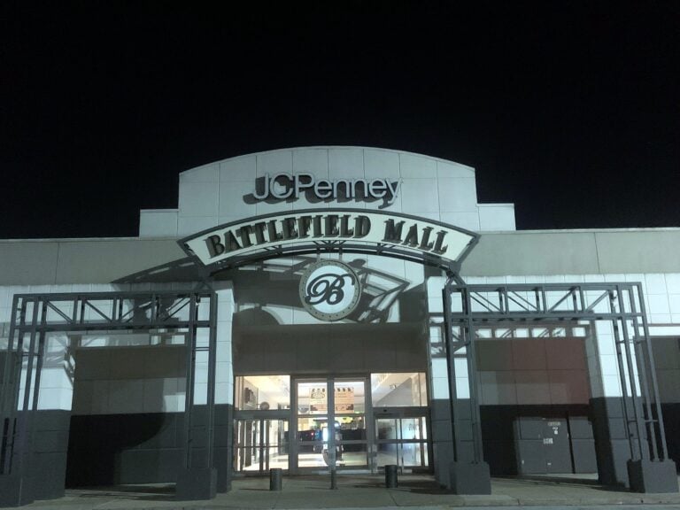 Channel letter sign for JCPenney in Springfield, MO, illuminated at night