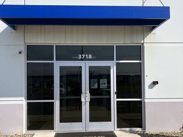 Blue commercial entrance awning in Decatur, IL