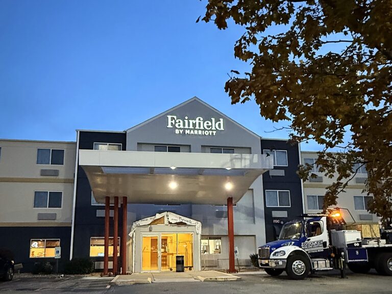 Signature Signs installation crew installing the Fairfield by Marriott sign in Forsyth, IL